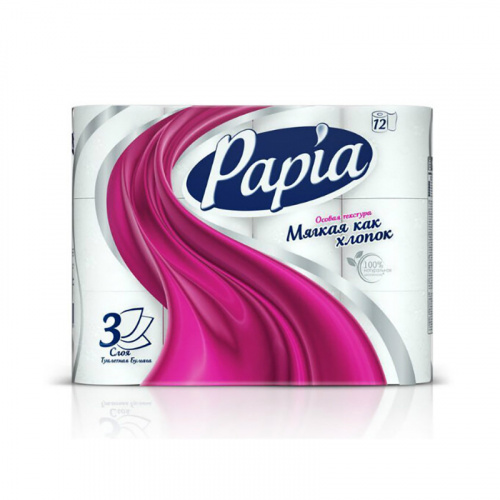 Туалетная бумага PAPIA (Папиа), 3-х сл., 12 рул.